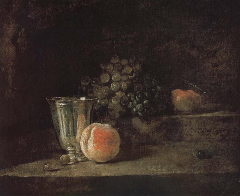 Jean Baptiste Simeon Chardin Silver peach red wine grapes and apple oil painting image